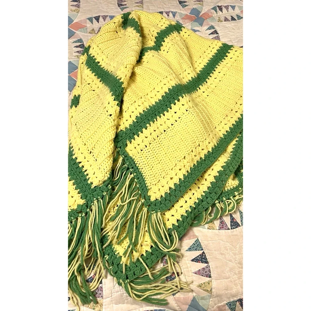 Yellow Green Crochet Afghan Cover Blanket 71
